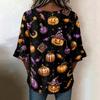 Women's Casual V-Neck Ruffle Trim Patchwork Sleeve Loose Fit Halloween Print Top