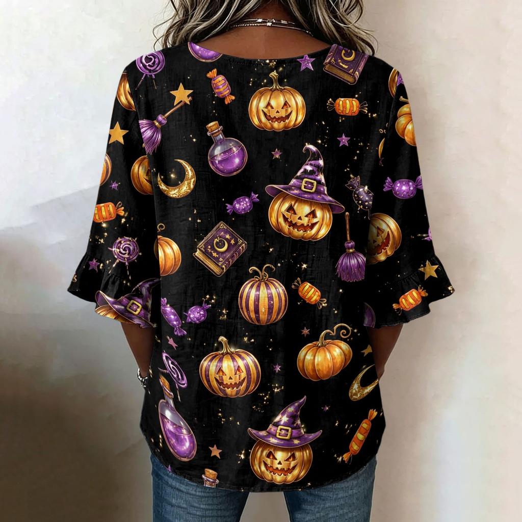 Women's Casual V-Neck Ruffle Trim Patchwork Sleeve Loose Fit Halloween Print Top