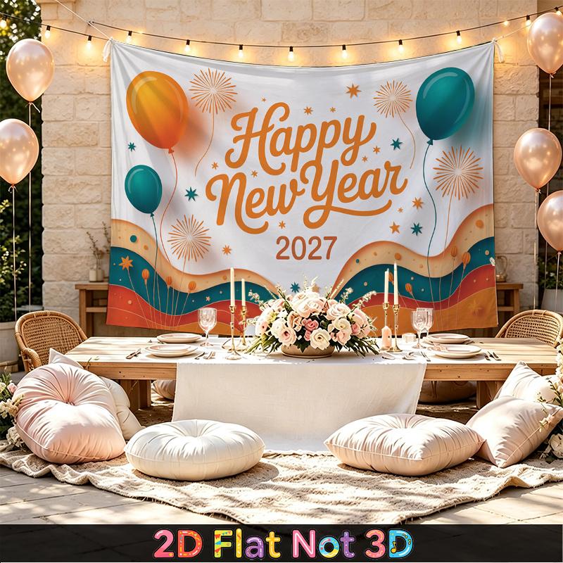Party Backdrop New Year Fireworks Balloon Orange Flat Festive Teal Multi Layered Celebration Photo Booth Front Door Decor