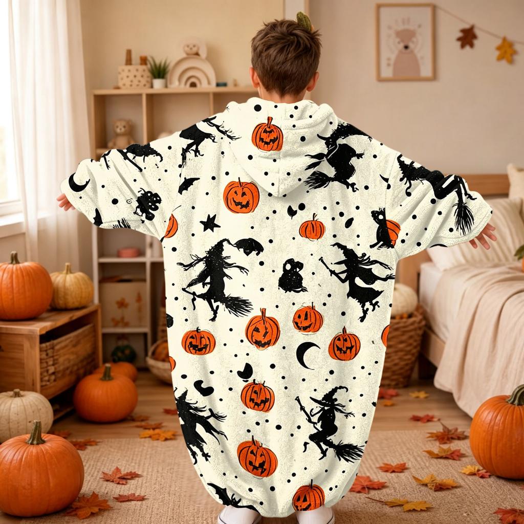 Kids Halloween Printed Flannel Romper Pajama Set for Fun Holiday Sleepwear