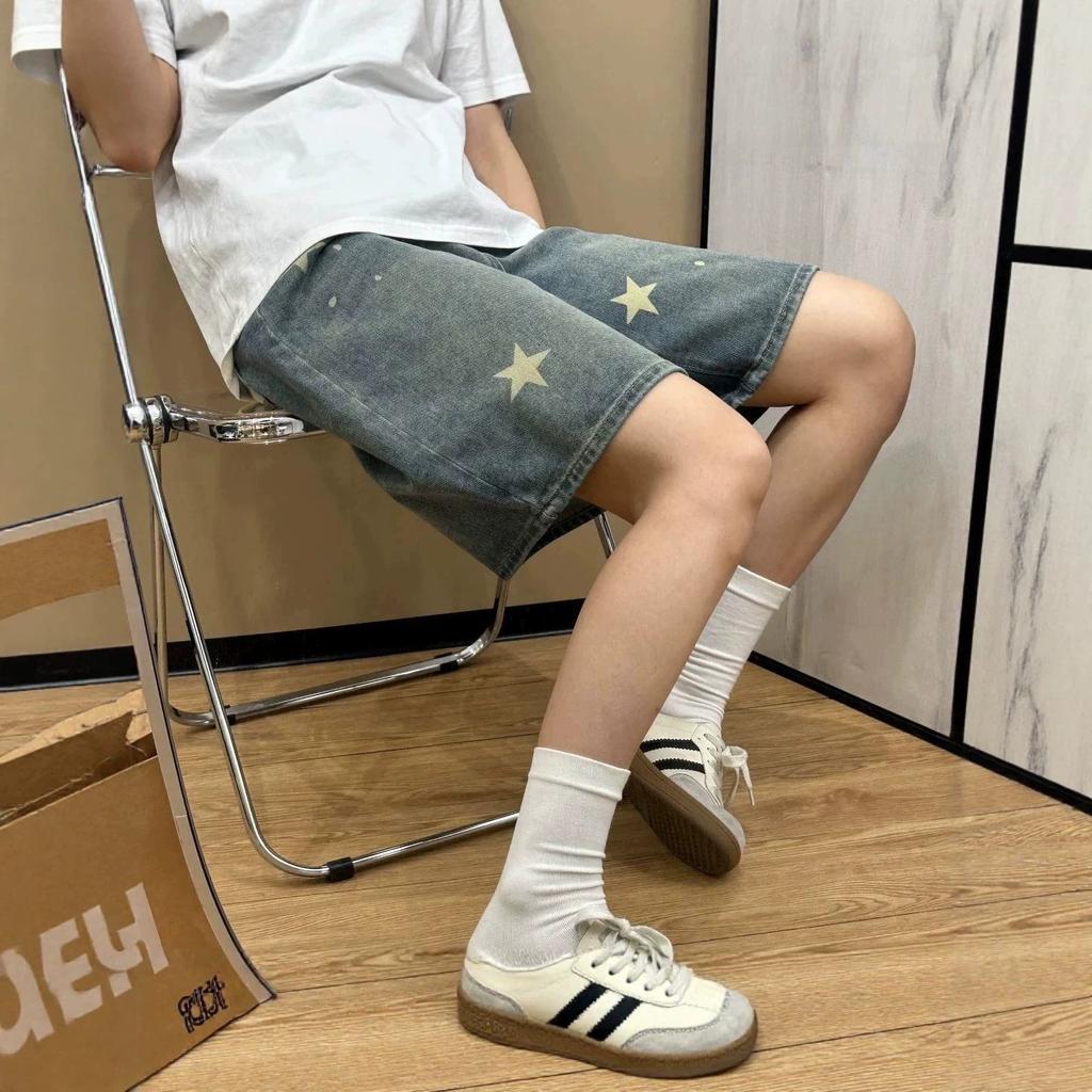 Women's High Waist Star Print Vintage Washed Denim Shorts Loose Wide Leg Culottes
