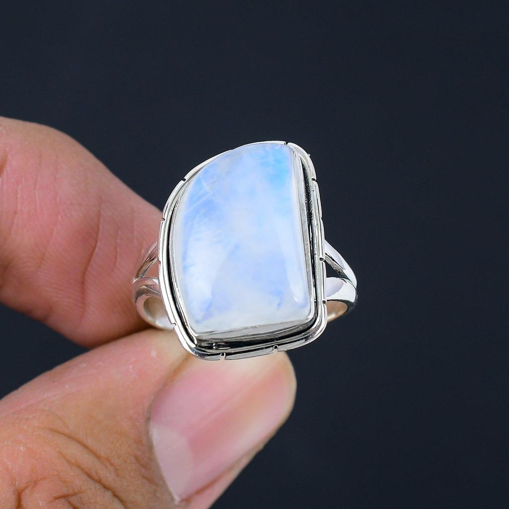 Unique Cut Rainbow Moonstone Gemstone Solid 925 Sterling Silver Ring Handmade Jewelry Ring Anniversary Gift For Women