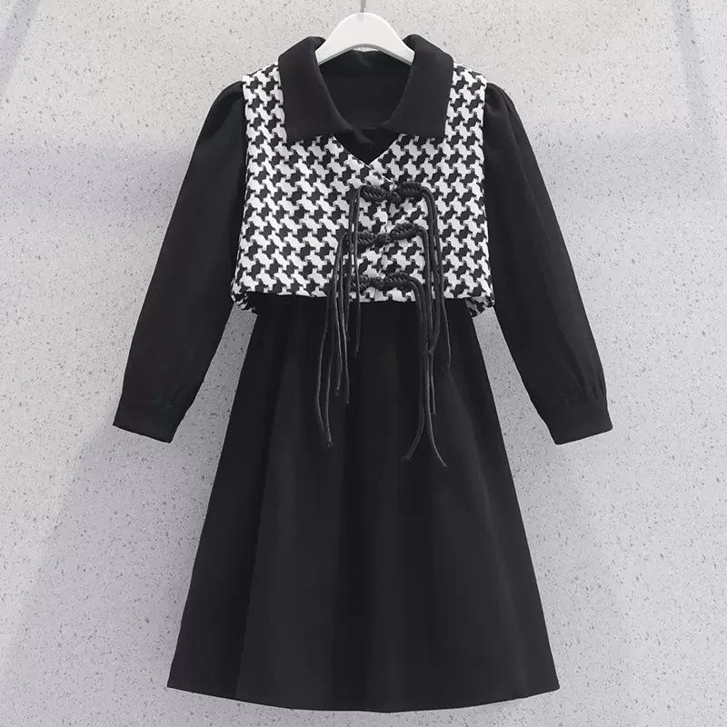 Vestă Pepită pentru Fete și Rochie Cămașă - Stil Coreean Două Piese pentru Primăvară și Toamnă