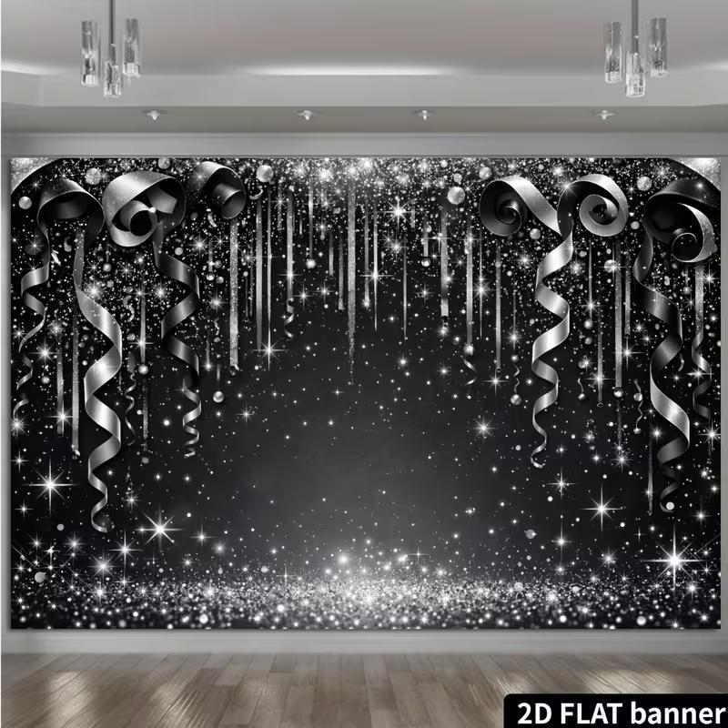 2D Schwarz Silber Glitzerband Hintergrund Neujahr Geburtstagsparty Dekoration Banner