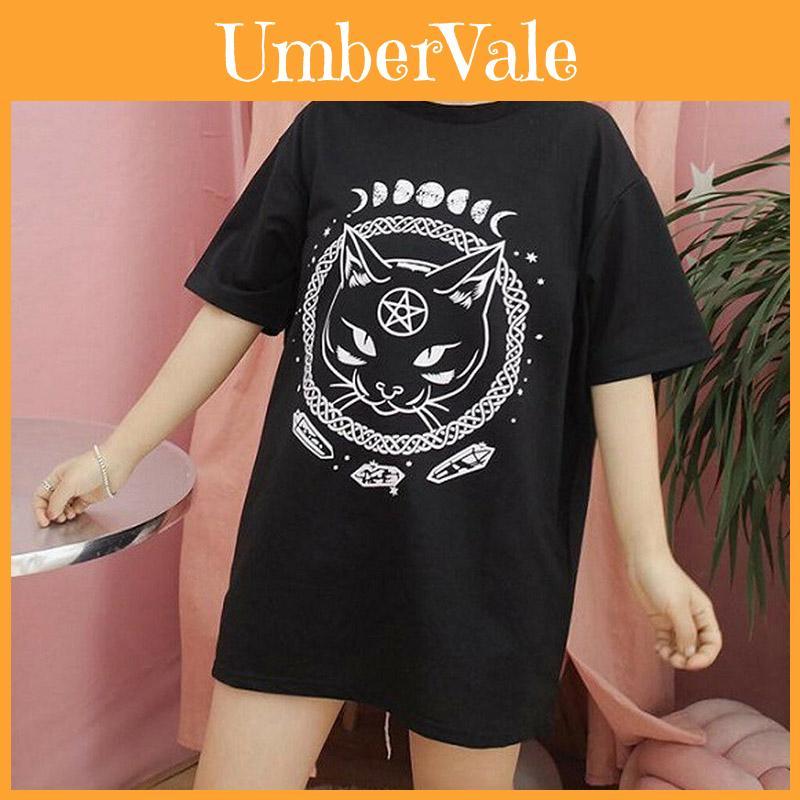 Women Girl Funny Short Sleeve Moon Cat Print Punk Gothic Casual Top Blouse