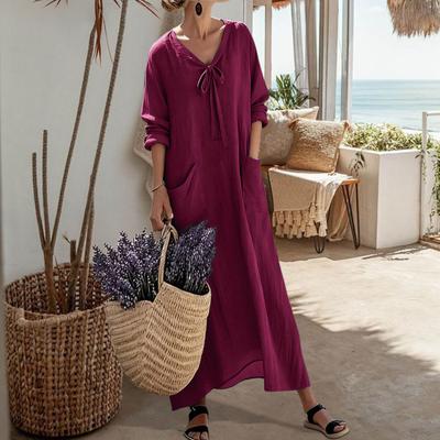 Cotton Linen Dresses for Women Long Sleeve V Neck Maxi Sundress Casual Beach Long Dress with Pockets
