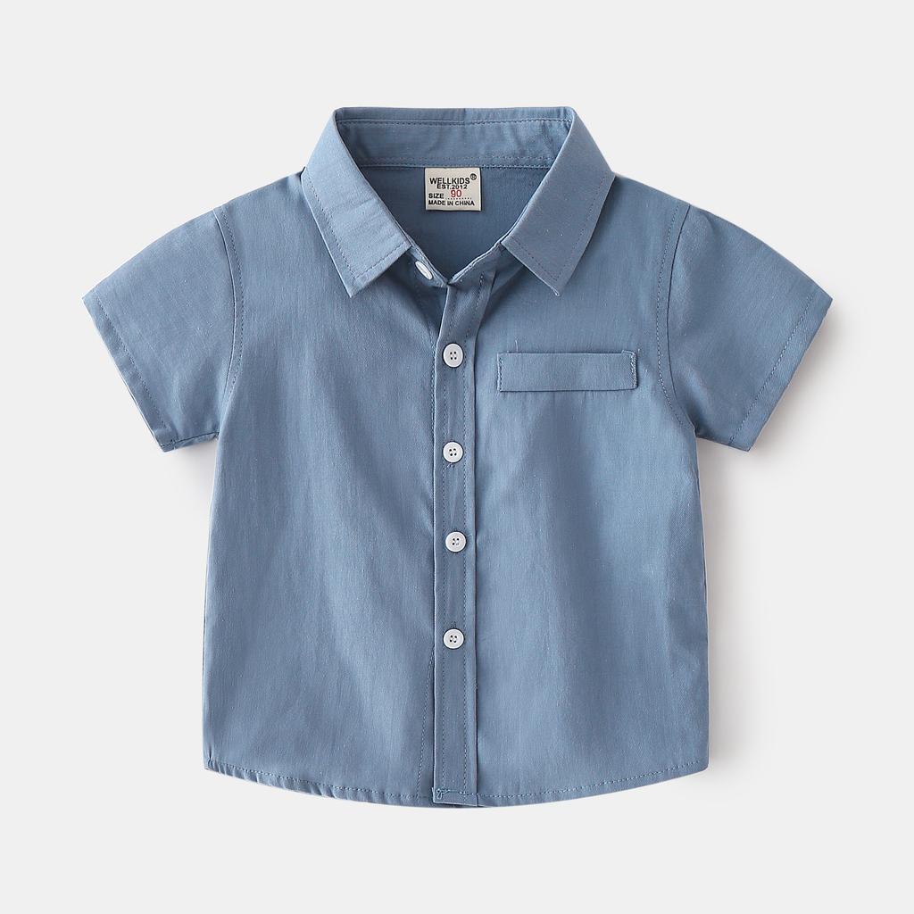 Summer Boys Cotton Short-sleeved Shirt Monochrome Lapel Design Casual Children's Short Sleeves