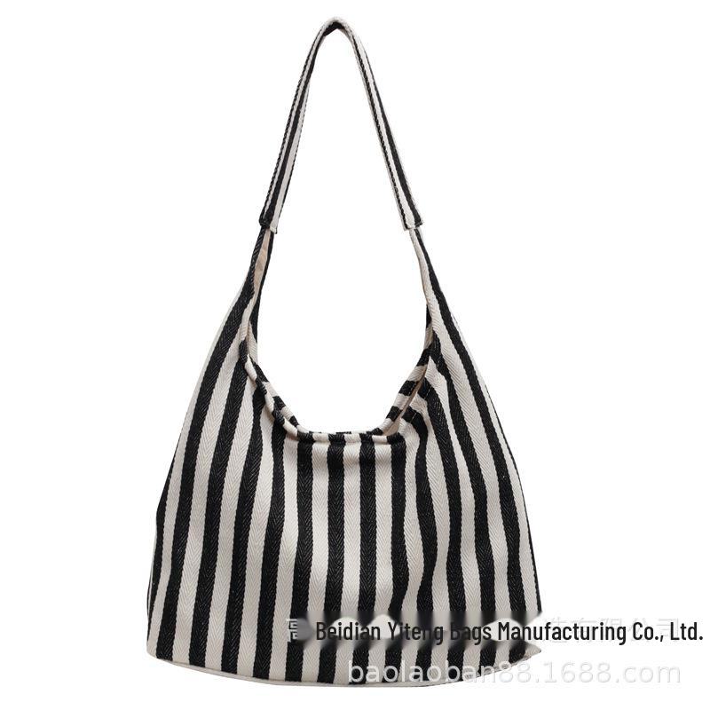 Women's Large Capacity Striped Canvas Tote Bag - 2025 Autumn Collection