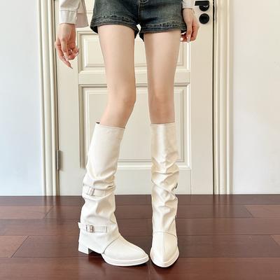 White Pile Boots Babes Belt Buckle Pants Long Boots Women's Tall Knight Boots Pointed High Heel Long Boots