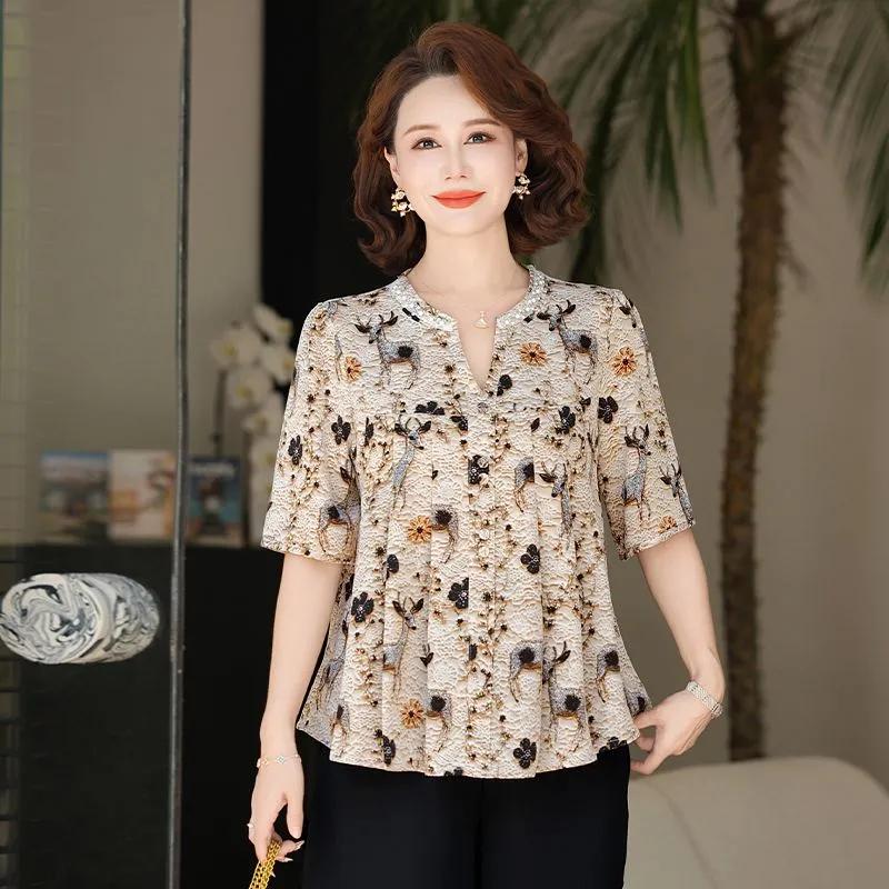 Women's Floral Print Blouse V-Neck Half Sleeve Loose Fit Casual Summer Top