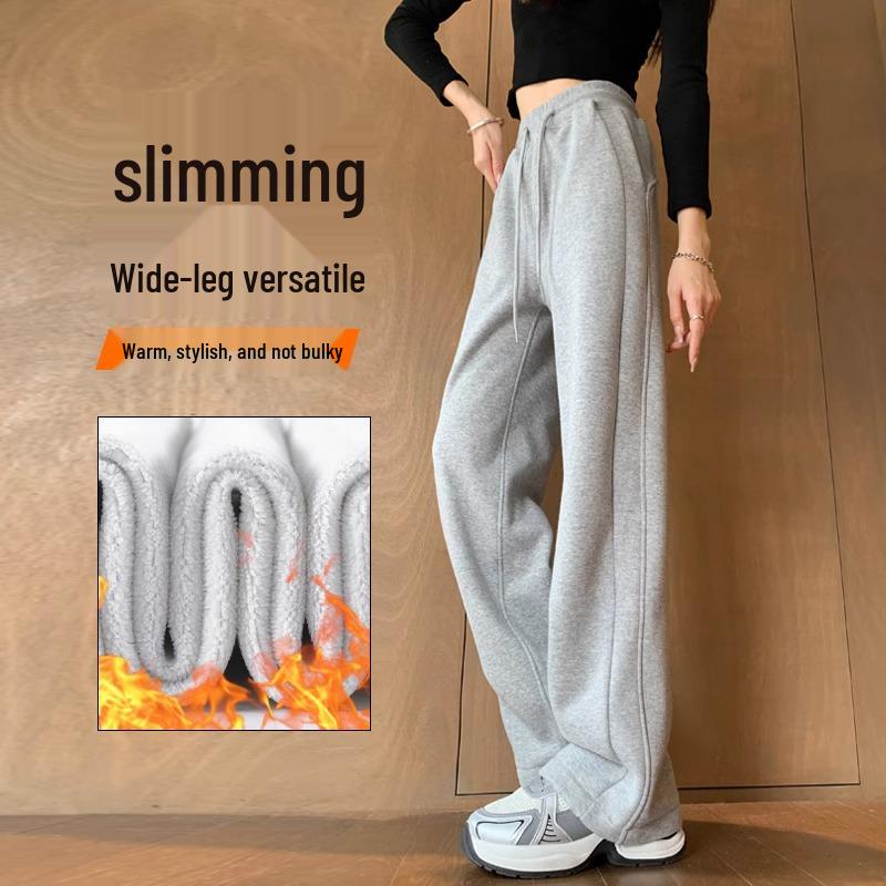 

Petite Women s Fleece-Lined Wide-Leg Sweatpants - Autumn/Winter 2024, Loose, Thickened, Slimming, Casual, Straight-Leg Pants. M