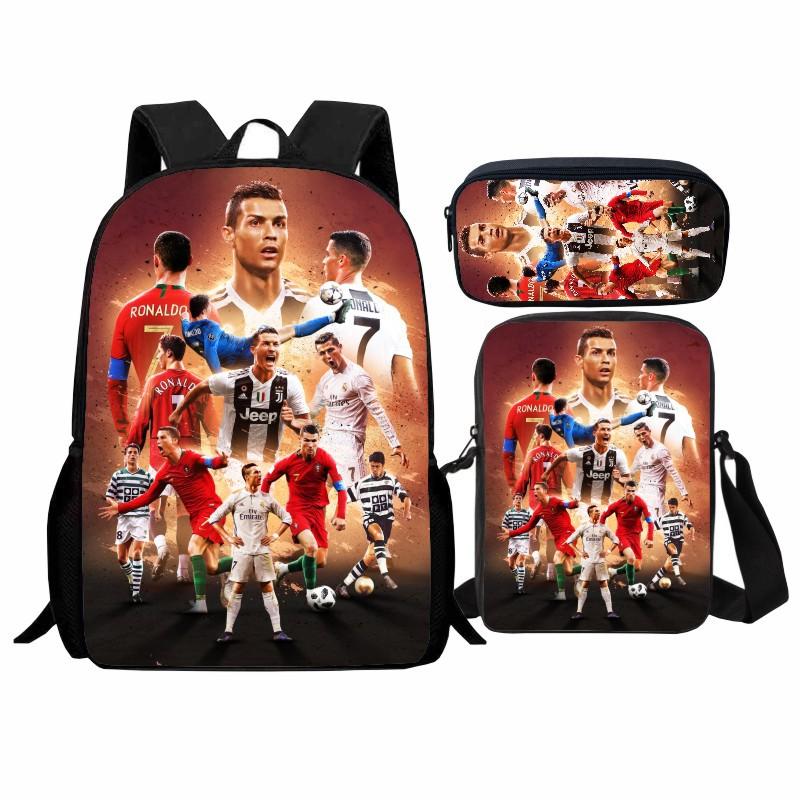 Printed Football Star Student Schoolbag Three-piece Set, Casual Cr7 Backpack, Messenger Bag, Pencil Bag, Men and Women
