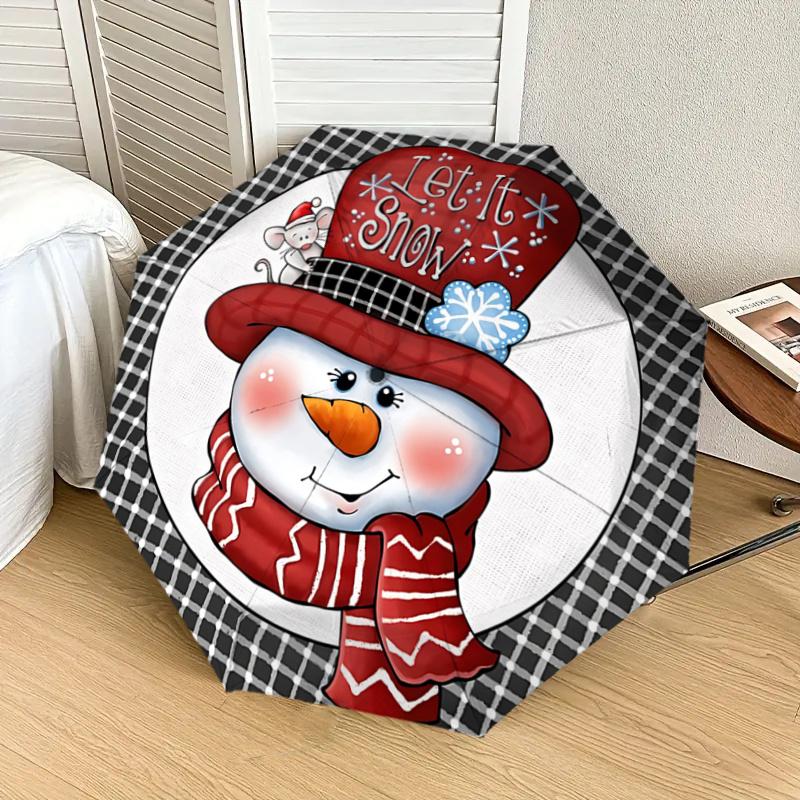 Let It Snow Winter Snowman Design Auto Open Close Umbrella - Foldable 3-Tier Design with 8-Bone Iron Frame, Perfect for Festive Gifts, Trave