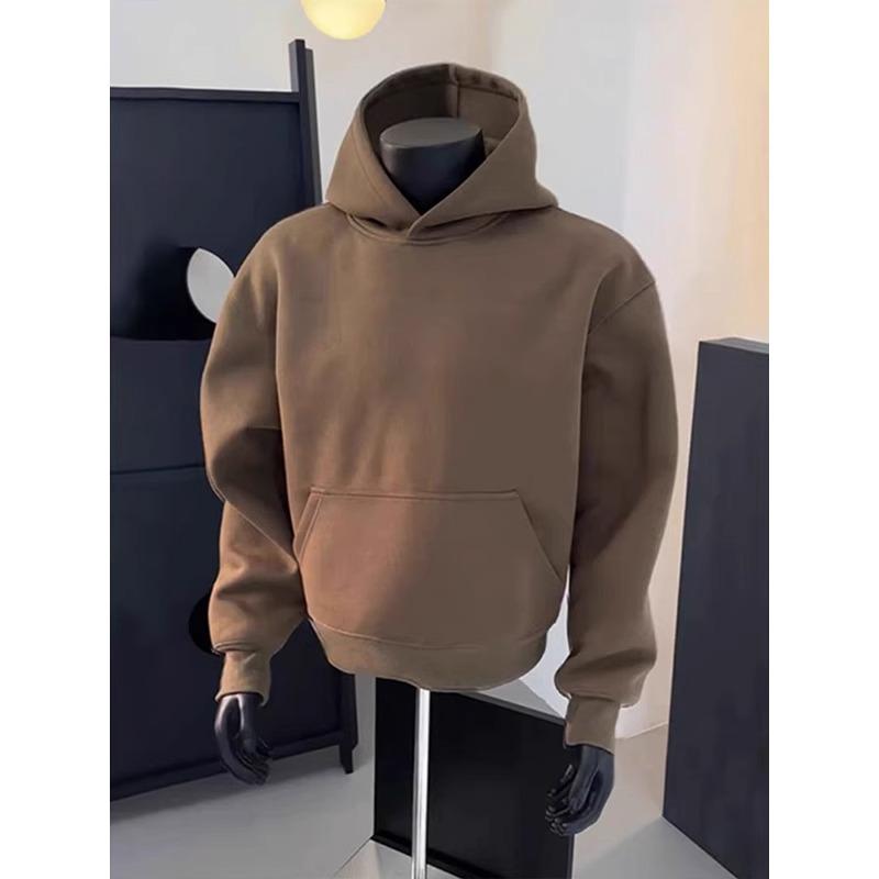 Men's Coffee-Colored Fleece-Lined Hooded Sweatshirt - Autumn/Winter 2025 Style, Thick Pullover Jacket, Loose Fit