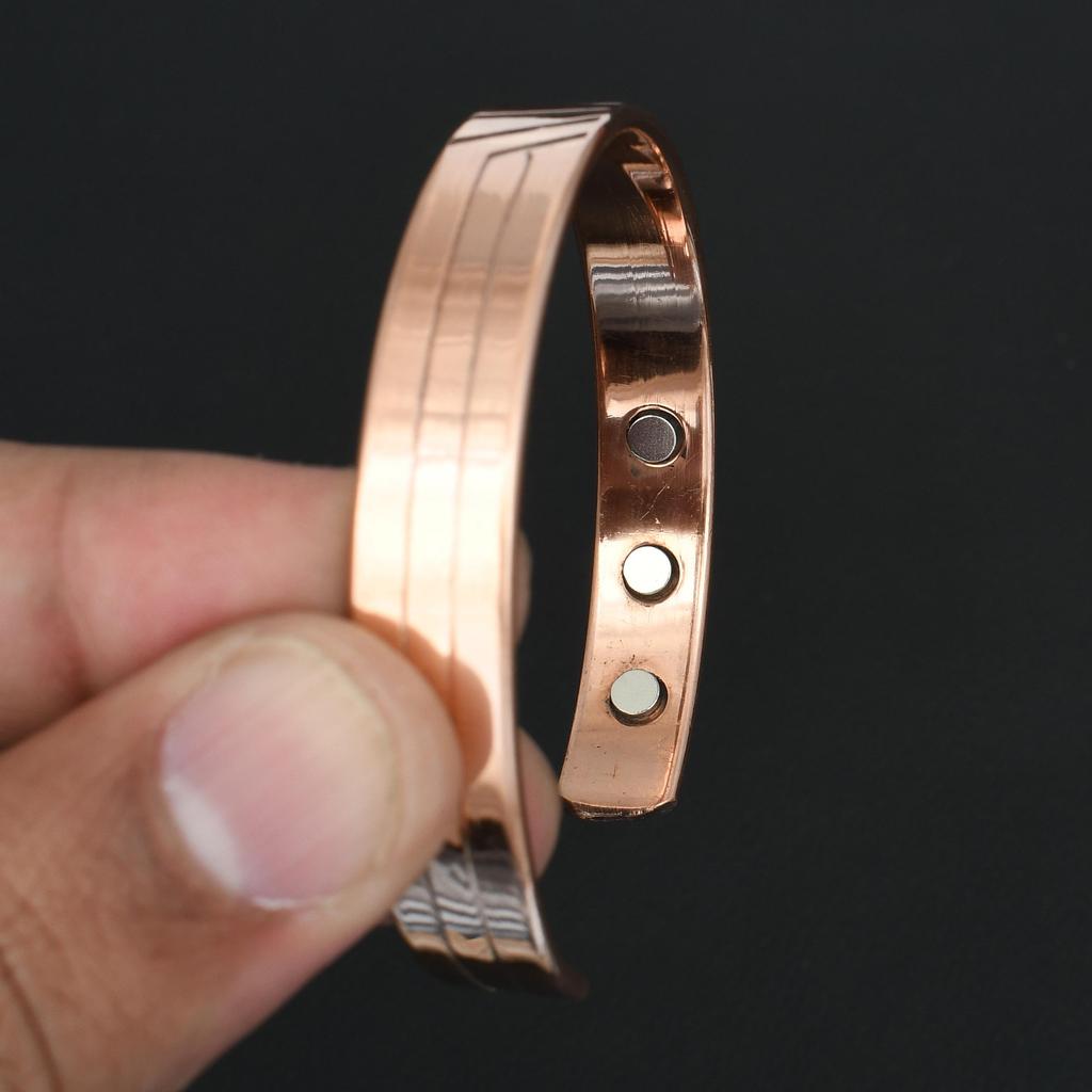 Copper Magnetic Open Cuff Bracelet for Men & Women Adjustable Bangle Wristband with Geometric Engraved Design Fashion Jewelry