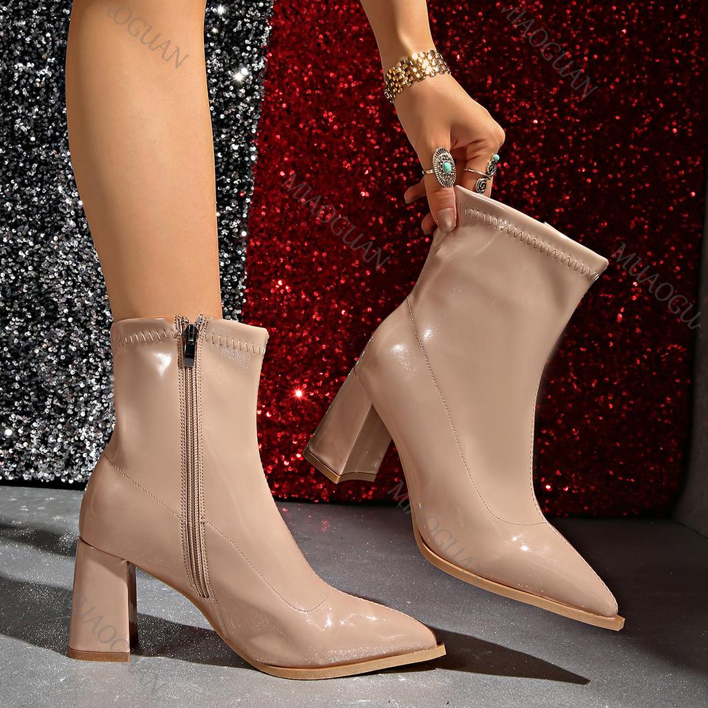 Fashion High-heeled Boots for Women Solid Color Pointed Head Side Zipper Fashion Women Shoes Leather Chunky Heel Autumn Bottines Femmes