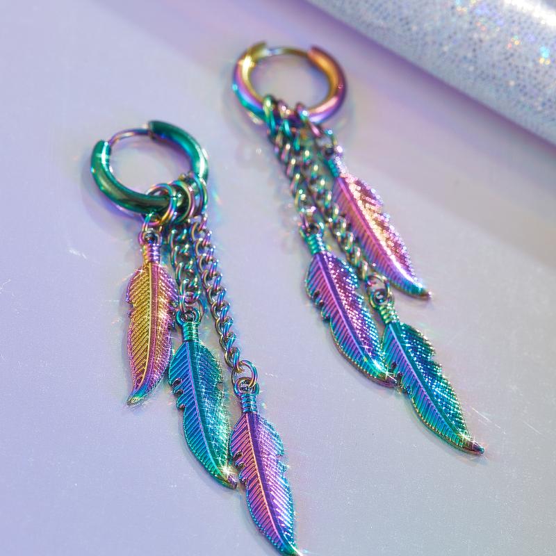Punk Hip-hop Trend Creative Stainless Steel Colored Feather Pendant Earrings Ladies Men Fashion Party Zircon Gift Accessories