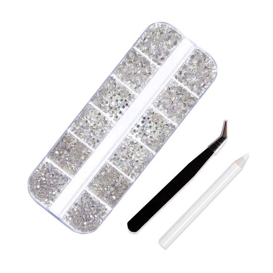 1 Set 12 Grids Nail Art Rhinestone Kit with Storage Box Drill Pen Tweezers Glass Flatback Rhinestone DIY Nail Design Crafting Decoration Fake Gems