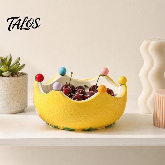 Fruit Plate with Fruit Fork, Ceramic Fruit Bowl, Orange Decorative Snack Serving Dish, for Kitchen Counter And Dining Table