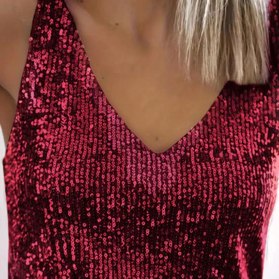 Women Tops Deep V-Neck Sparkling Sequins Design Sleeveless Vest Loose Fit Party Camisole Nightclub Wear
