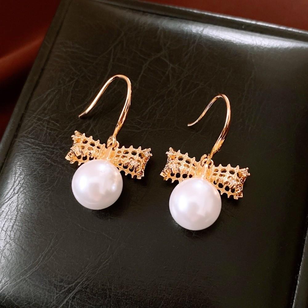 Simulation Freshwater Pearl Bow Pearl Long Earrings Shell Beads Ear Hook Drop Earrings  Girls Gift