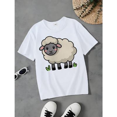 European Sizes Girls' Casual Cotton T-Shirt with Cute Sheep Print - Soft Perfect for Ages 12 and Under