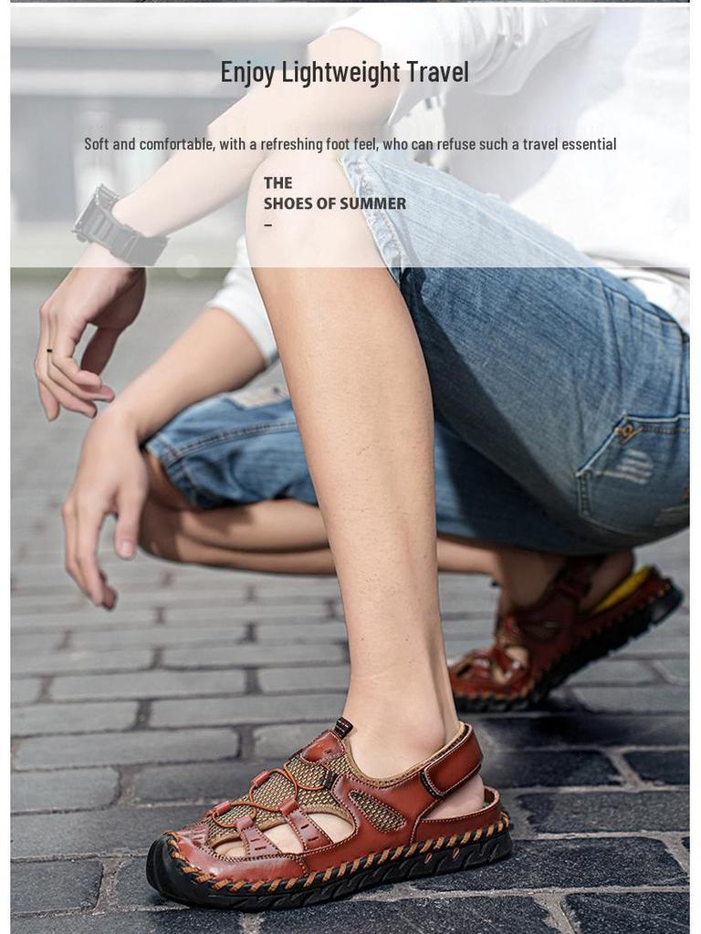 Men's Handmade Velcro Cowhide Mesh Beach Sandals - Summer Casual Breathable Outdoor Shoes