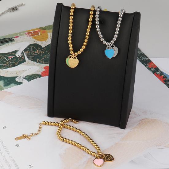 Women Beaded Enamel Bracelet Adjustable Length Heart Charm Titanium Steel Bracelet Stress Relief Happiness Meaningful Jewelry