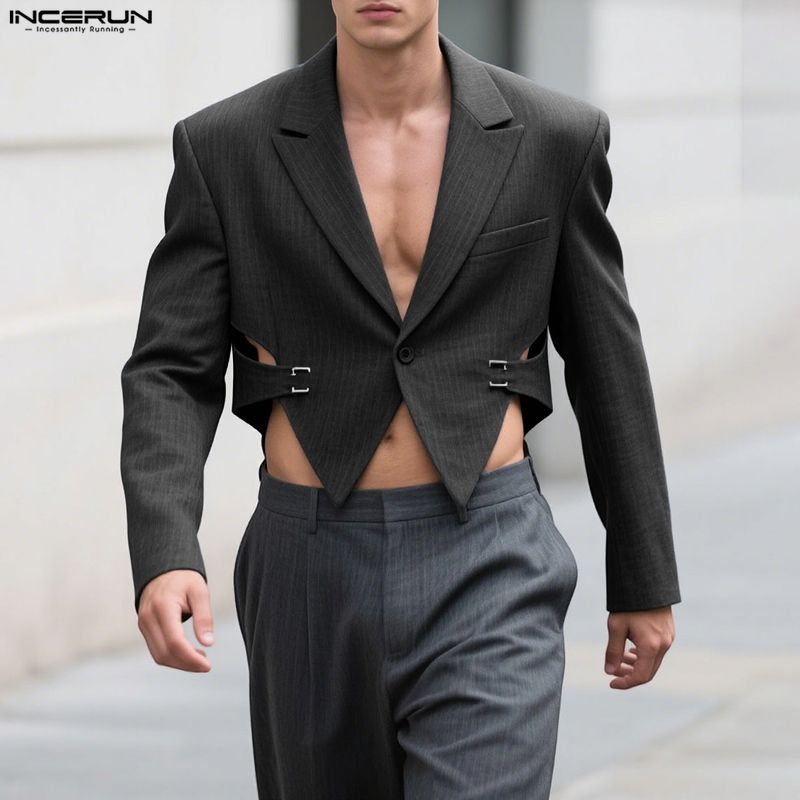 INCERUN Oversized Men Long Sleeve Striped Cutout Irregular Cropped Coats Blazer