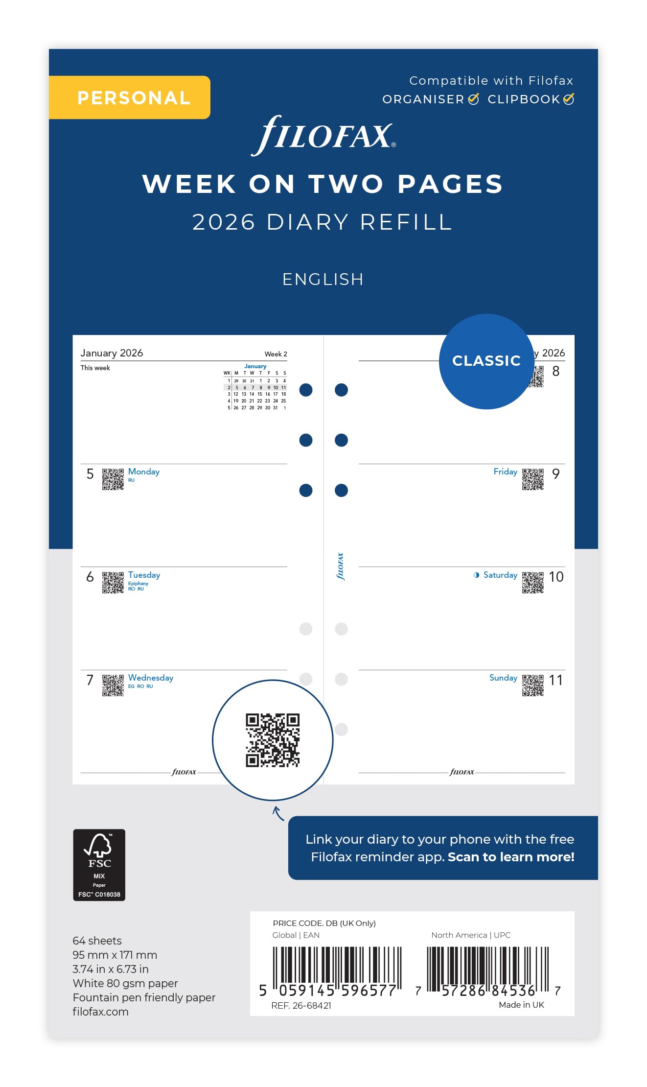 Filofax System Organizer Refill 2026 January Start Bible Weekly White 26-68421 Officially Imported 5234₽