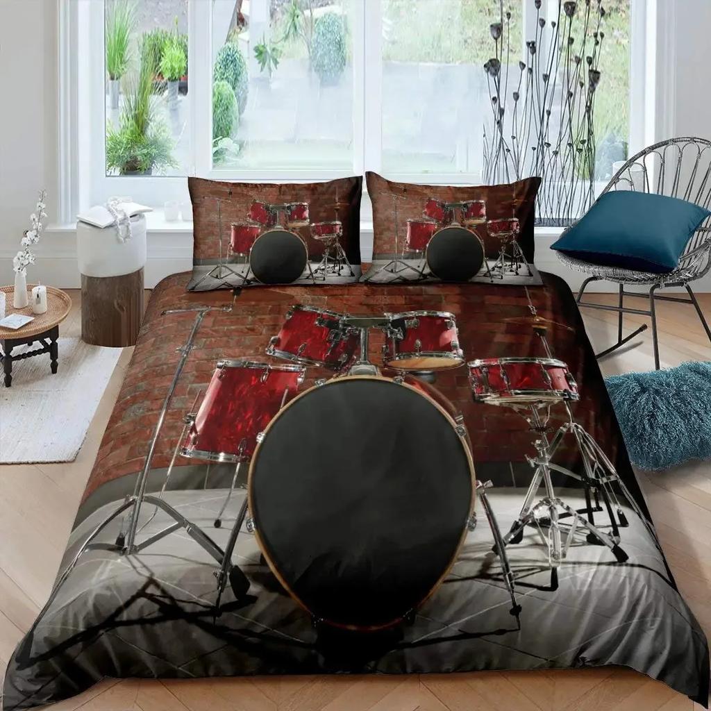 Drum Kit Duvet Cover Set,Hip Hop Bedding Set Queen Size,Rock Music Gold Flame Comforter Cover Musical Instrument Quilt Cover Set