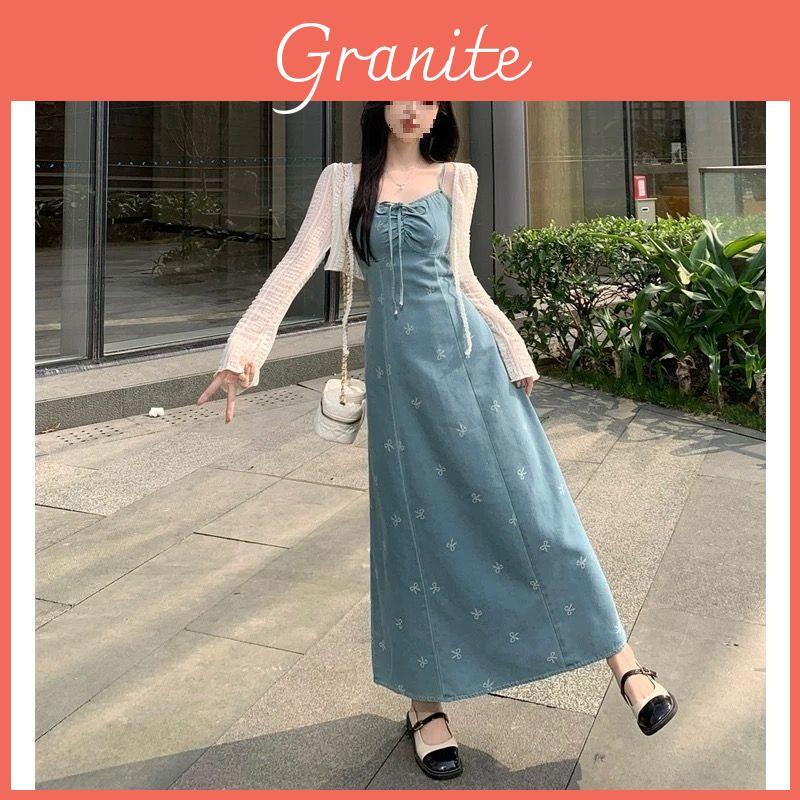Denim Dress For Women With French Bow Tie Detail Long Sleeveless Summer Casual