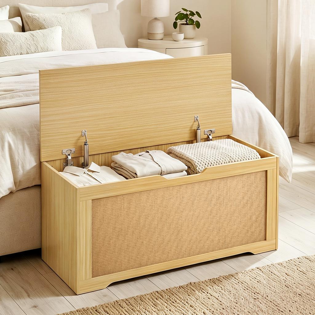 Rattan Storage Chest, 136 L, Storage Bench, Lift-Up Lid, 2 Safety Hinges, Oak