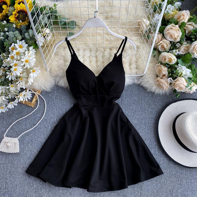 

Spring Dress For Women V-Neck Open Back Waist-Cinching High-Waisted Slimming Solid Color Camisole Slip Dress A-Line Dresses free size чёрный
