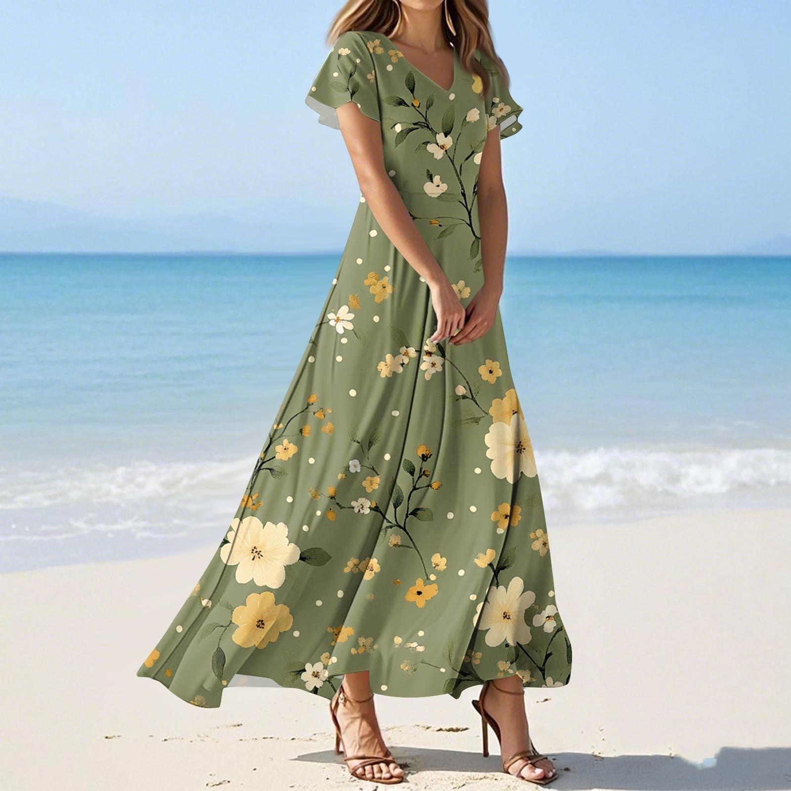 

Жіночі літні модні повсякденні сукні з квітковим принтом Сукні з V-подібним вирізом і короткими рукавами L армія зелений колір