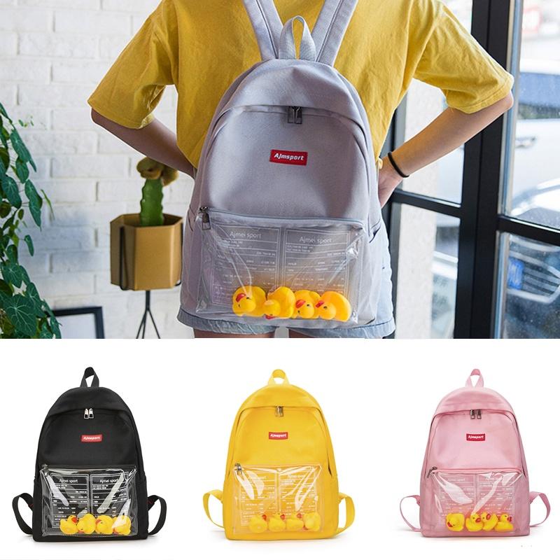 Durable Canvas Womens Backpack With Fun Duck Toy And Transparent School Bag Design
