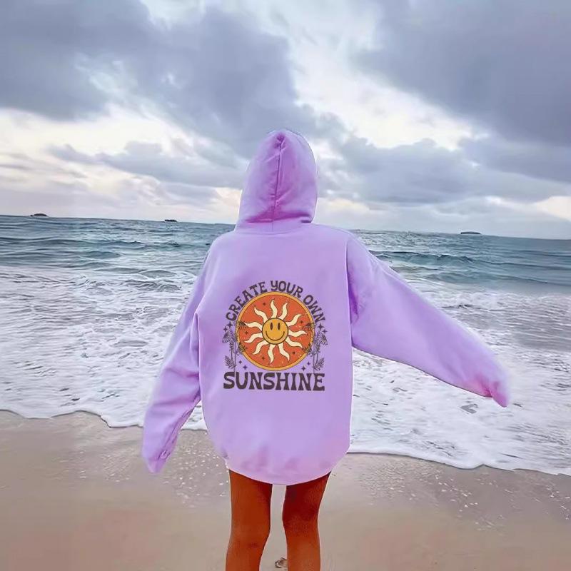 European size shoulder sleeves S---5XL women's fleece sweater plain letter print kangaroo pocket