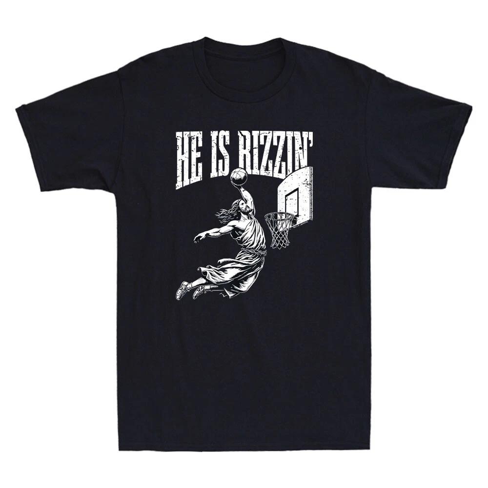 He Is Rizzin Funny Jesus Play Basketball Meme Christian Religious Men s T-Shirt L
