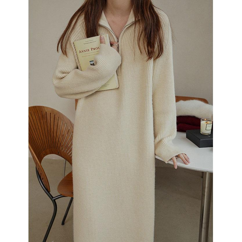 Semi-turtleneck zipper sweater skirt women's autumn and winter simple casual loose solid color knitted dress