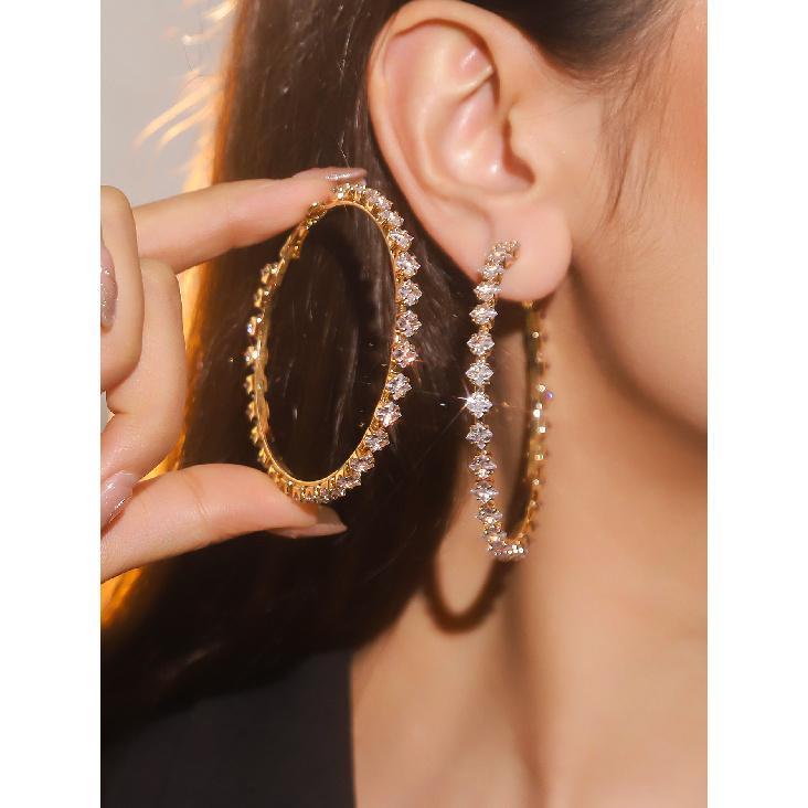 Rhinestone Paved Hoop Earrings Circle Diamond Crystal Silver Gold Two Tone Statement Party Drop Earrings for Women