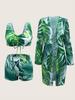 Fashionable Printed Drawstring Top Long Sleeve Mesh Cover Up And Bikinis 3 Piece Beach And Vacation Swimwear Set