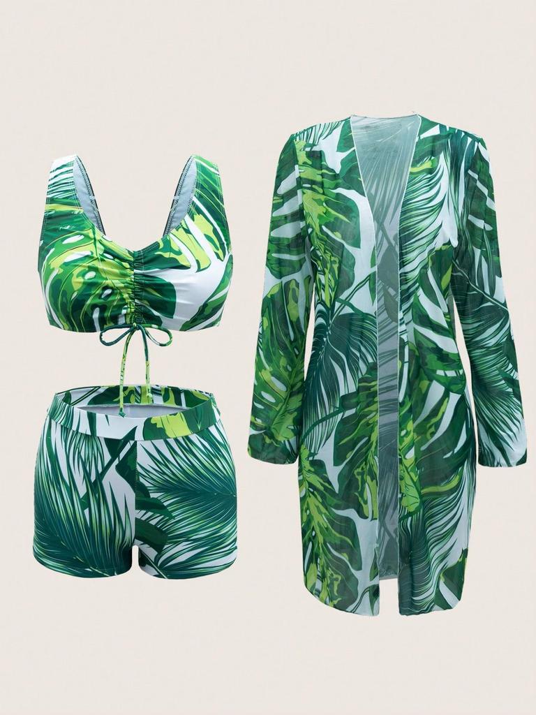 Fashionable Printed Drawstring Top Long Sleeve Mesh Cover Up And Bikinis 3 Piece Beach And Vacation Swimwear Set