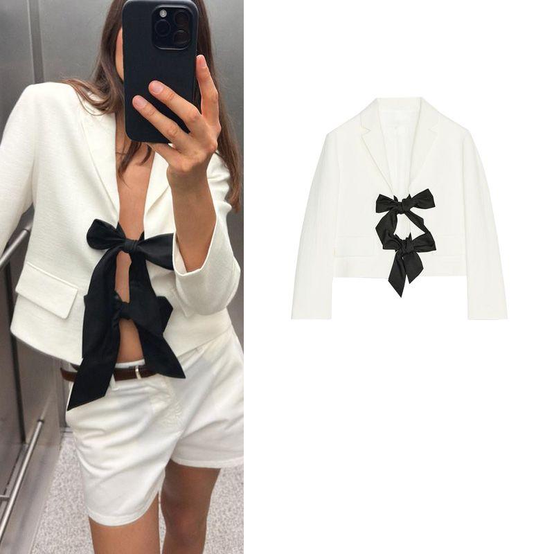 Summer Women's Lapel Long Sleeves French Style Design Contrast Color Bowknot Decoration Suit Outwear 3266778