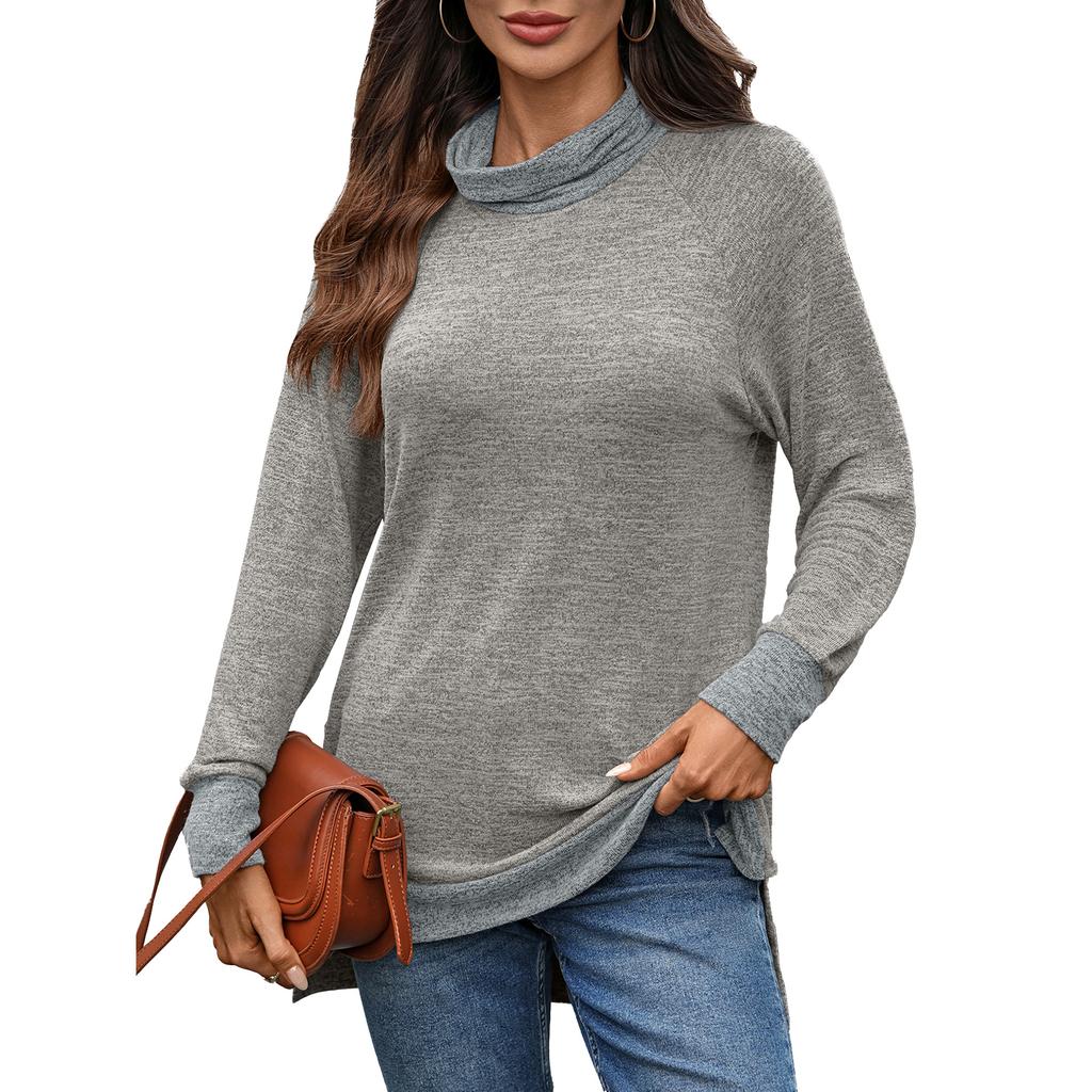 New Autumn and Winter Color-blocking High-neck Loose Long-sleeved T-shirt Top for Women