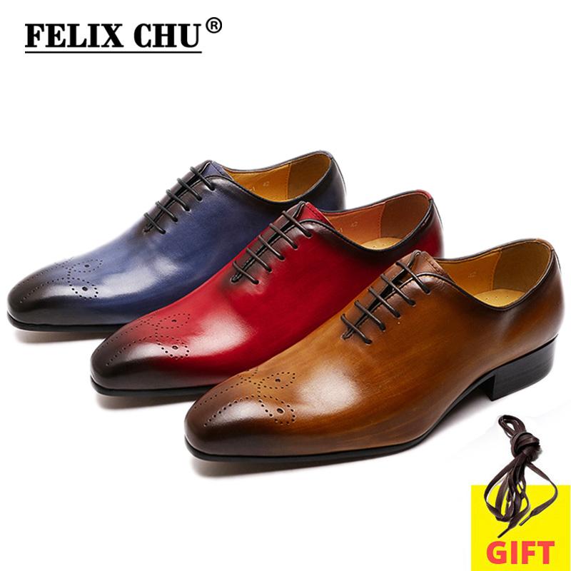 Fashion FELIX CHU Mens Oxford Genuine Leather Shoes Whole Cut Fashion Pointed Toe Lace-up Formal Business Wedding Dress Shoes for men