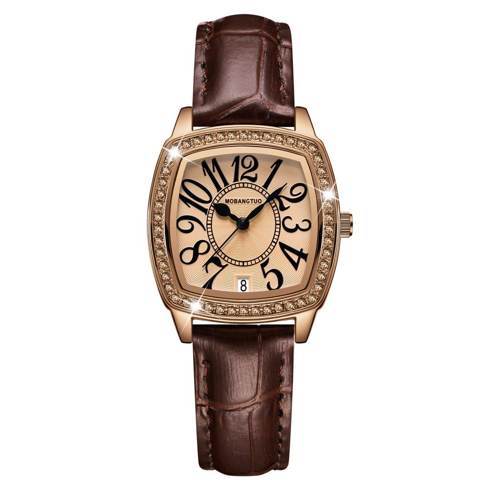 Women S Watch With Calendar, Genuine Leather With Quartz Waterproof Japanese-Style Diamond-Encrusted Digital Watch Square
