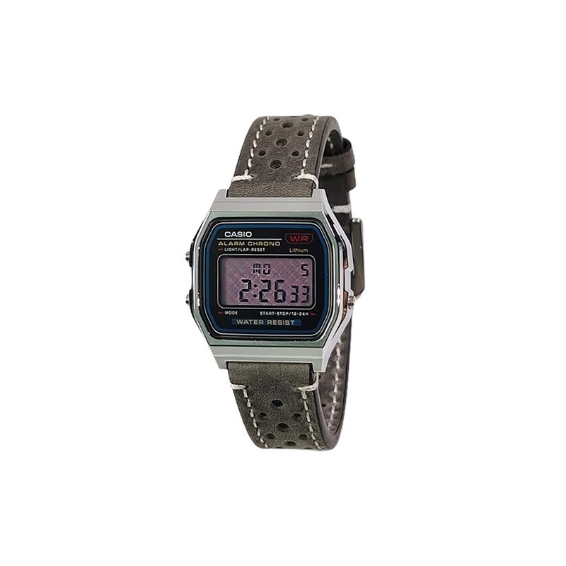 CASIO Customized watch modified series pink plaid mirror silver resin case waterproof Quartz leather strap A159WA-N1D(Watch5-GaiZhuang-MuGuangZiYun)