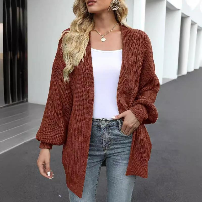 Women Loose Thick Knit Lantern Sleeve V Neck Pocket Cardigan Sweater Outerwear