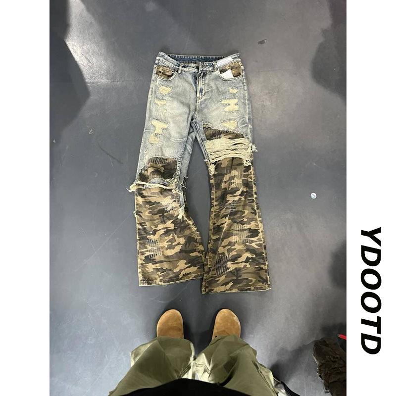 American retro fake two-piece pants design sense premium camouflage splicing jeans men s cleanfit straight pants S синий