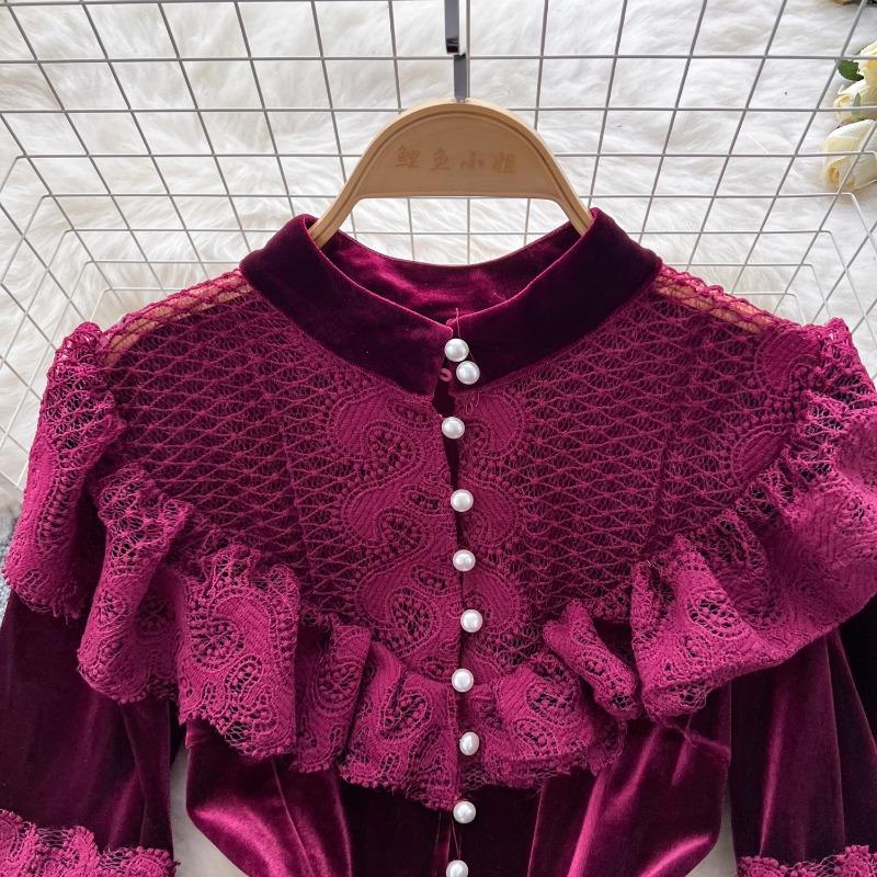 High Street Kleider Frauen Retro Hohle Spitze Patchwork Gold Samt Kleid Französisch Perle Schnalle Taille Länge Vintage Chic Kleider